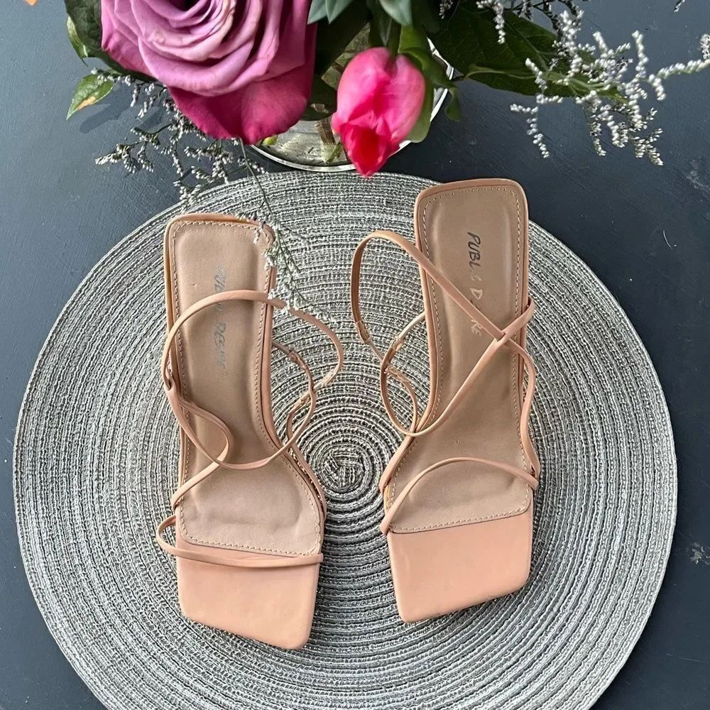 Public Desire Peach Square Toe Strappy High Heel Sandals, 5 NWOT